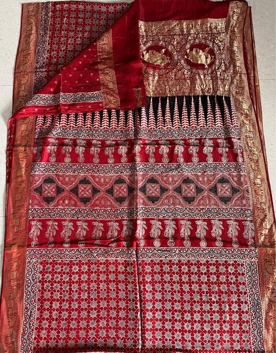 Red - Ajrakh Handblock Dola Silk Saree