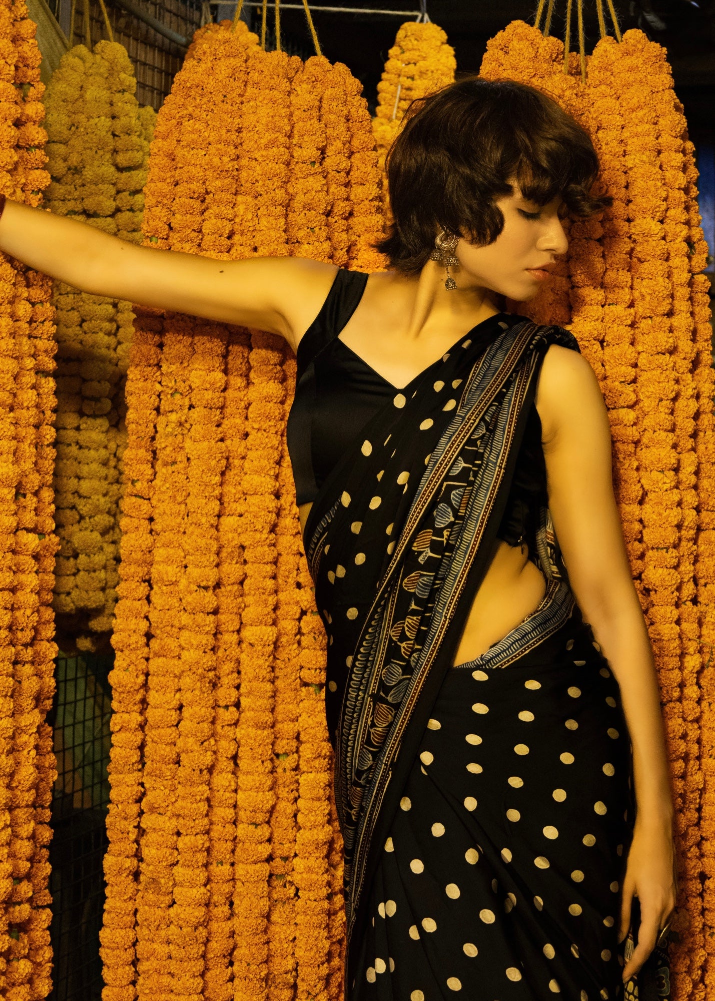 Black Dot - Handblock printed ajrakh premium modal silk saree