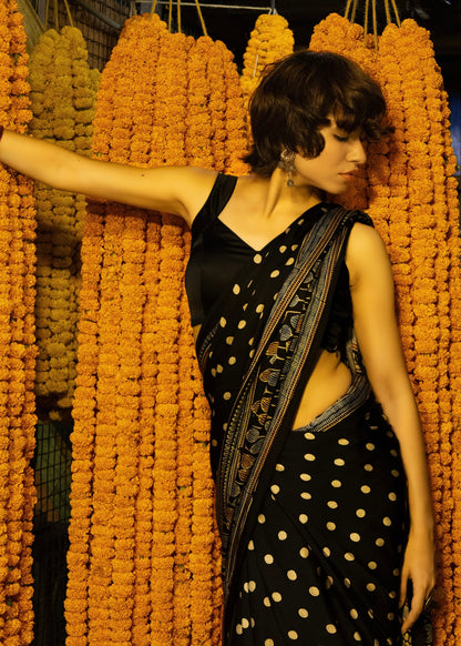 Black Dot - Handblock printed ajrakh premium modal silk saree