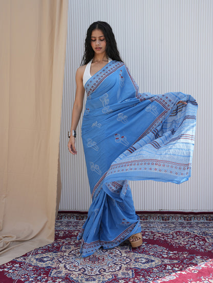 NAVELI_ Blue Hand Block Printed Cotton Saree - Discharge Print