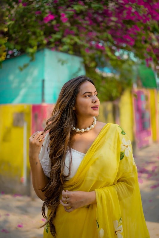 Monalisa - Yellow Handpainted Chiffon Saree