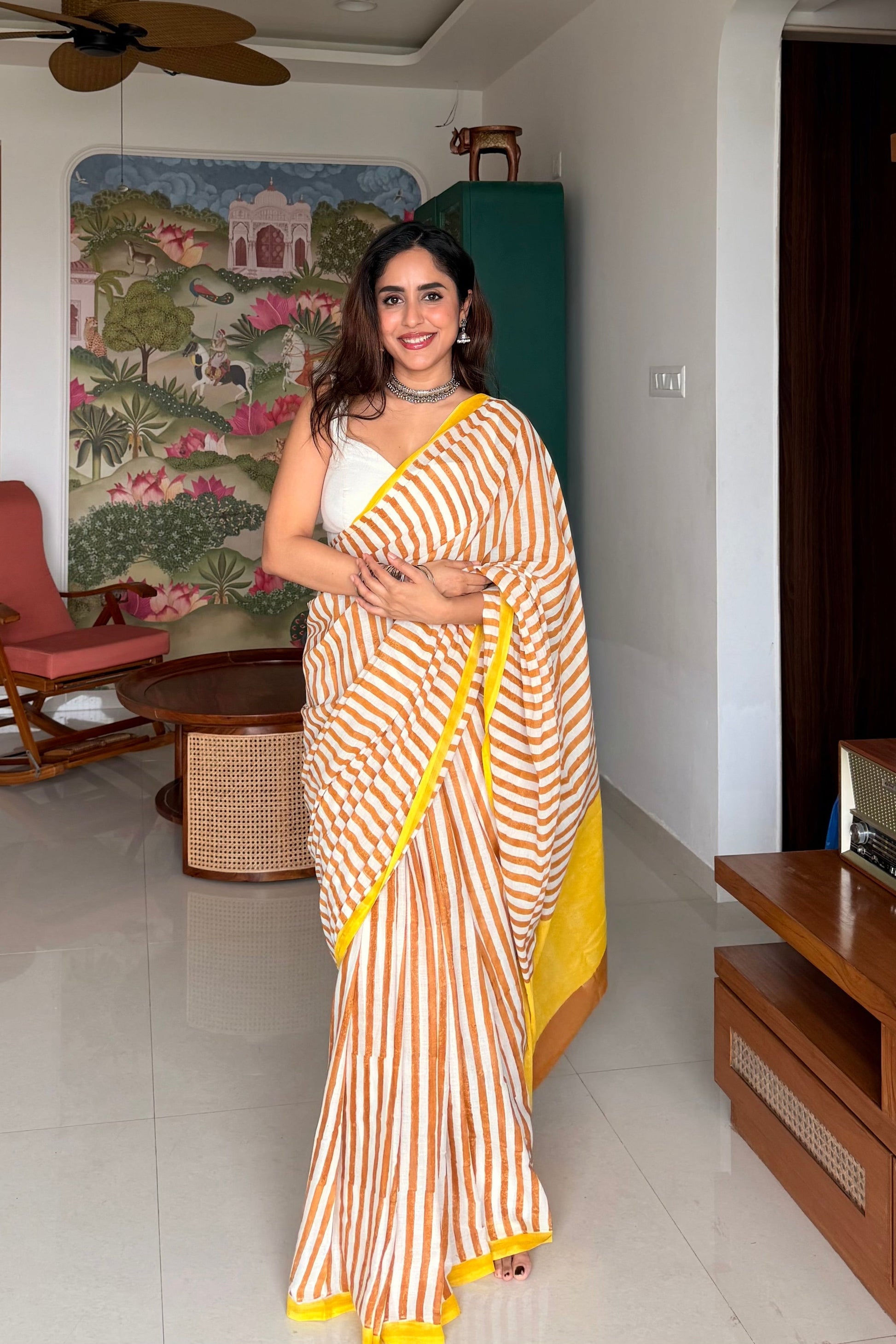 SARIKA_Heritage Hand Block Printed Pure Cotton Striped Saree - Vasaka Jaipur