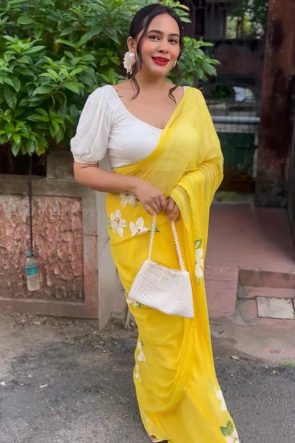 Monalisa - Yellow Handpainted Chiffon Saree