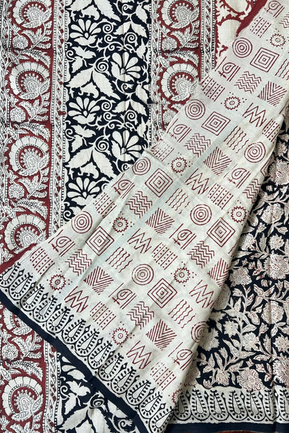 Black - Floral Net Hand Block Printed Cotton Saree