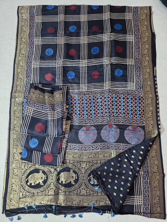 Black Checks - Ajrakh Handblock Dola Silk Saree