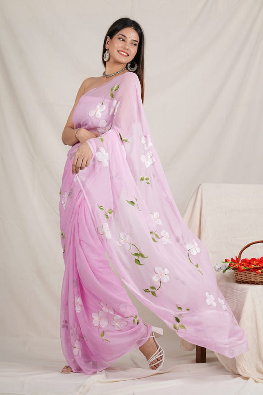 Baby Pink - Handpainted Chiffon Saree