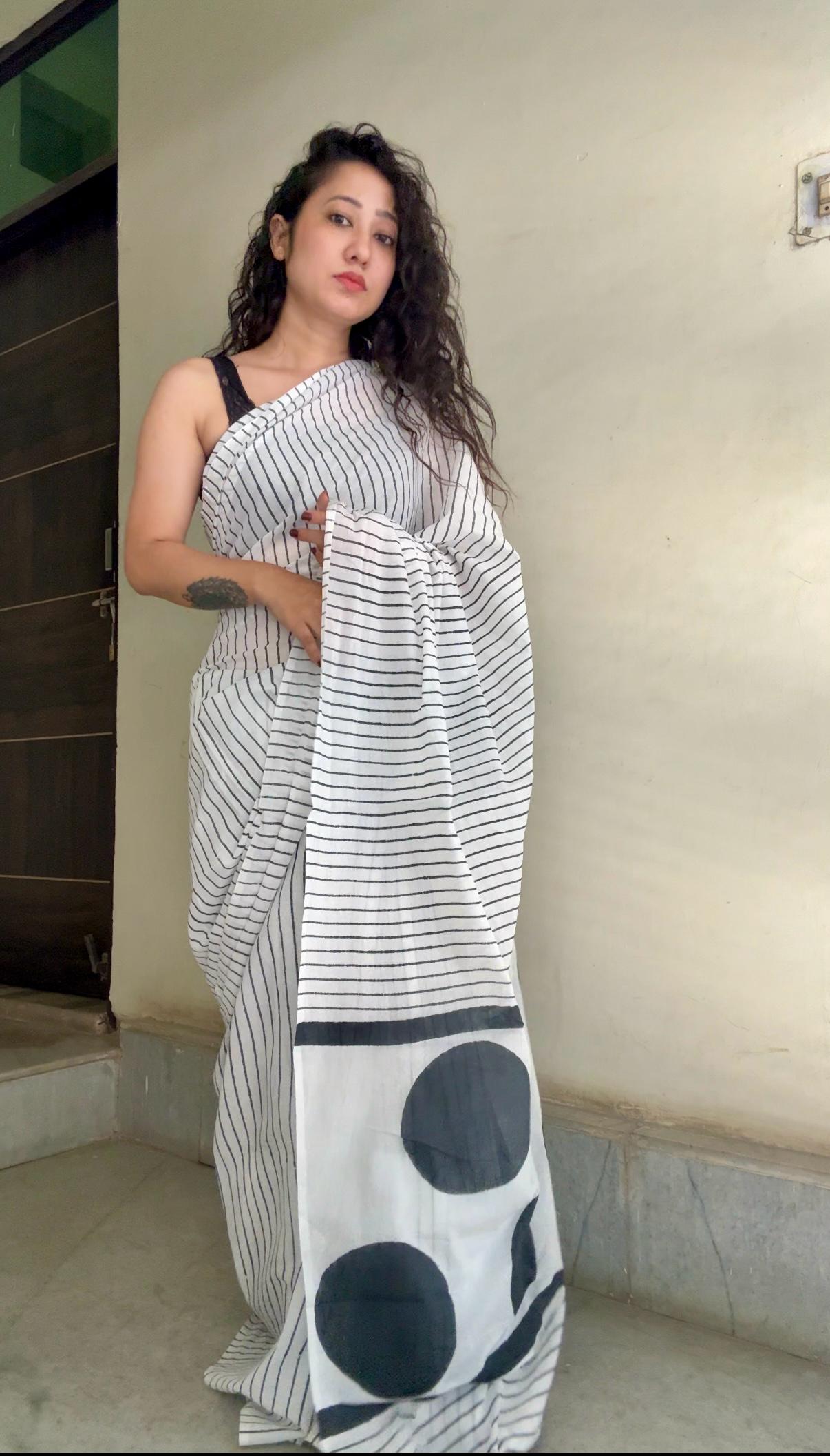 AARTI White Gray Striped Hand Block Cotton Saree - Classic Pattern