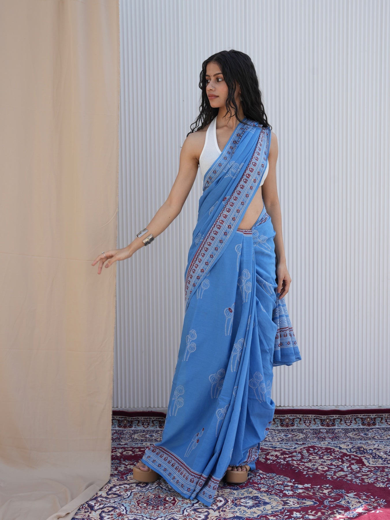 NAVELI_ Blue Hand Block Printed Cotton Saree - Discharge Print