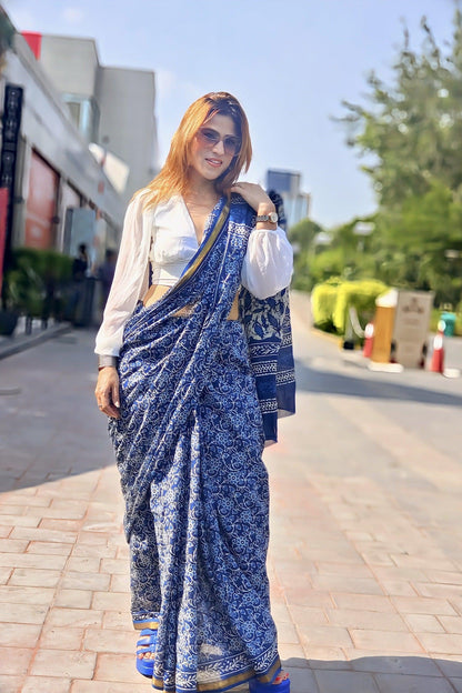 Indigo - Floral Net Print Mul Cotton Saree