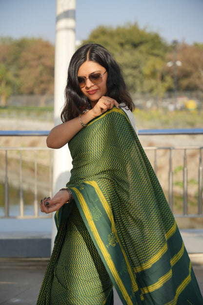 Girisha_Dhara Earthy Dabu Green Cotton Saree