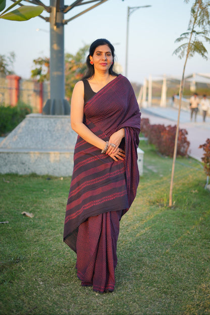 Bhoomi_Dhara Earthy Dabu Wine Brown Cotton Saree