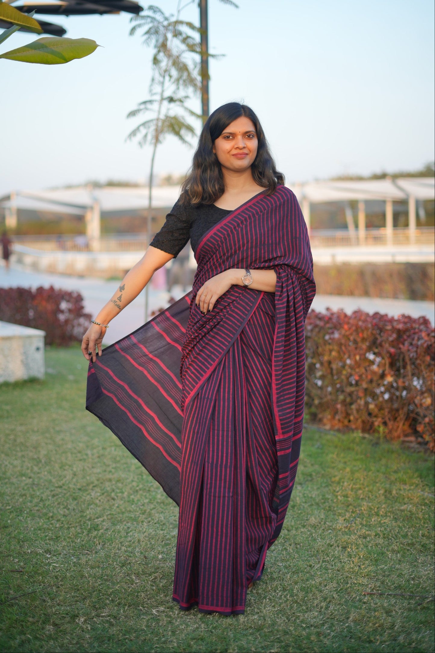 Bhavya_Dhara Earthy Dabu Wine Brown Cotton Saree