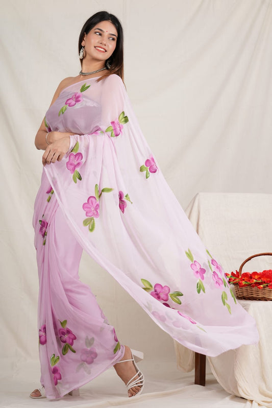 Lavender - Handpainted Chiffon Saree