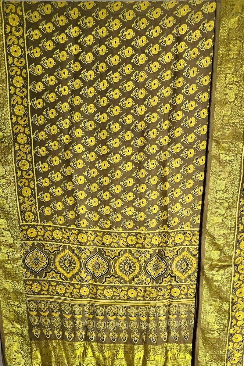 Olive - Ajrakh Handblock Dola Silk Saree