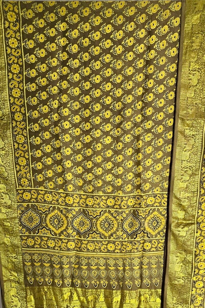 Olive - Ajrakh Handblock Dola Silk Saree