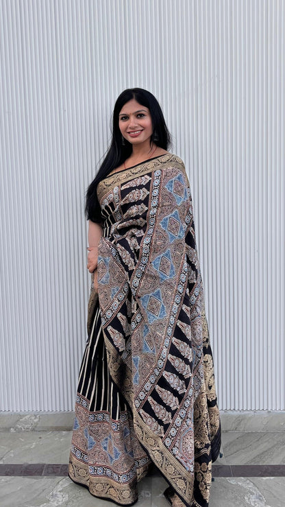 Black - Ajrakh Handblock Dola Silk Saree
