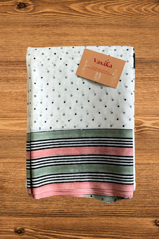 White - Dots Hand Block Print Cotton Saree