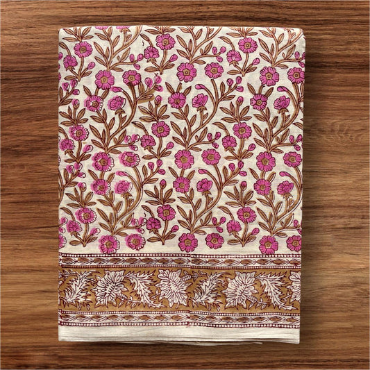 Buttercream Pink Floral Hand Block Printed Cotton Saree