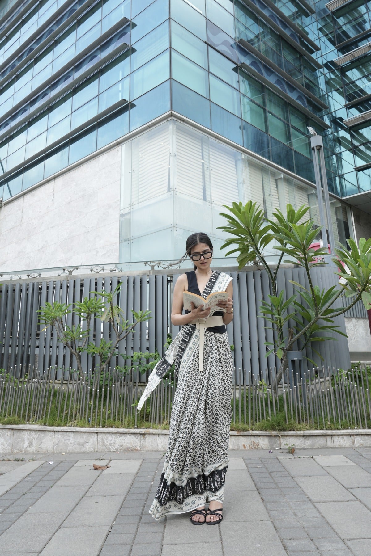 KARUNA - Off White Hand Block Printed Cotton Saree
