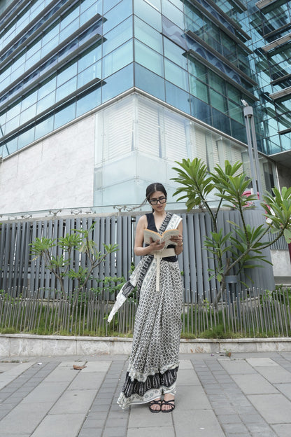 KARUNA - Off White Hand Block Printed Cotton Saree