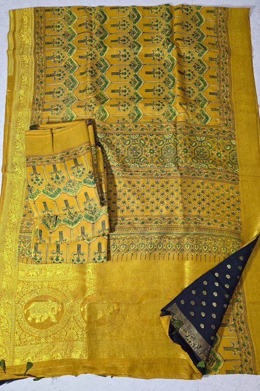 Yellow Floral- Ajrakh Handblock Dola Silk Saree