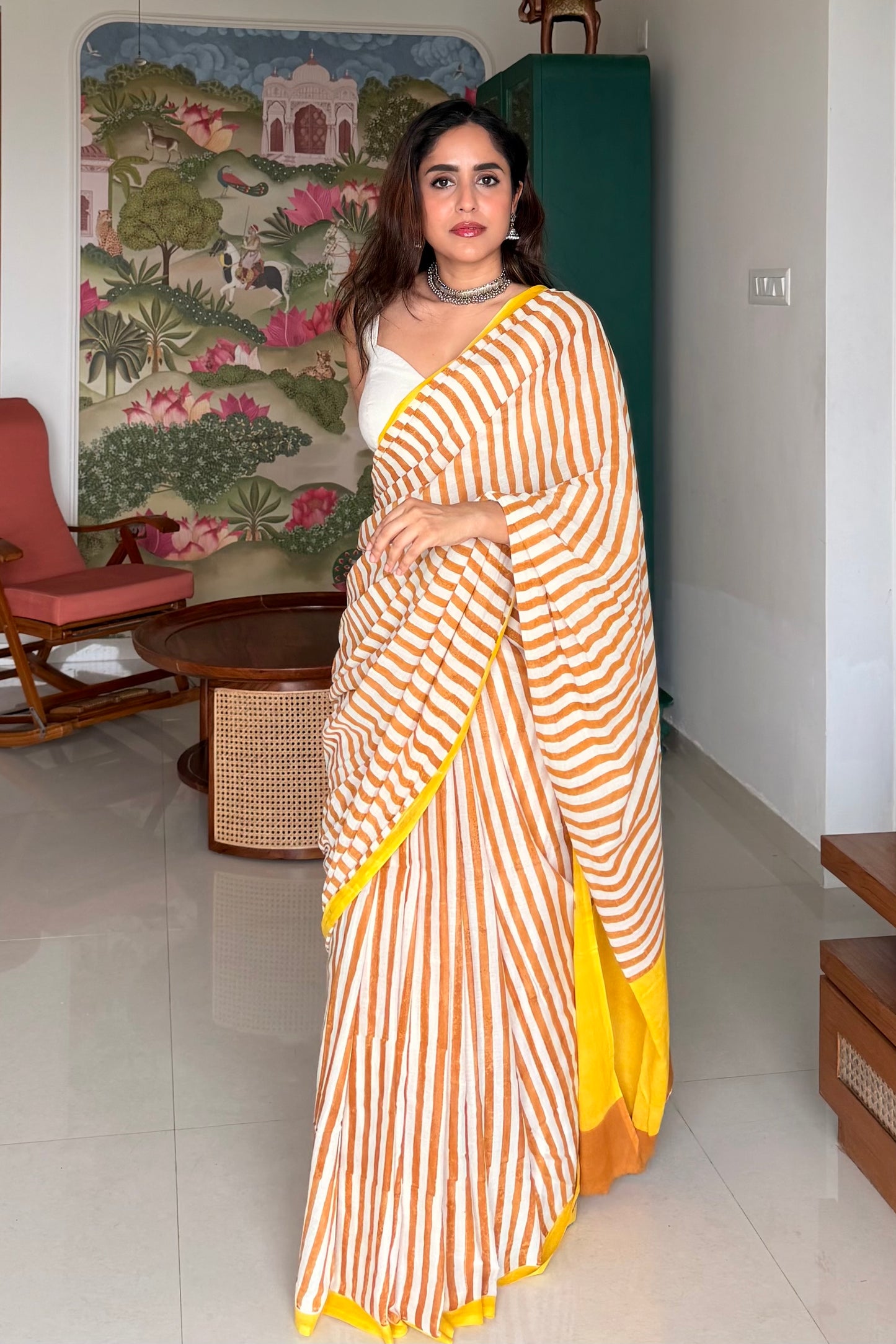 SARIKA_Heritage Hand Block Printed Pure Cotton Striped Saree - Image 4 - Vasaka Jaipur