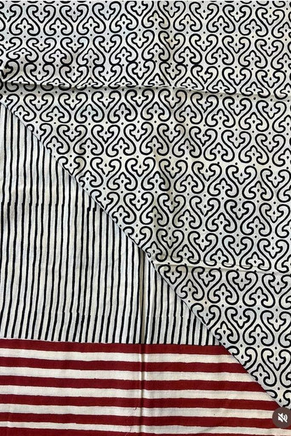 Beige - Striped Hand Block Print Cotton Saree