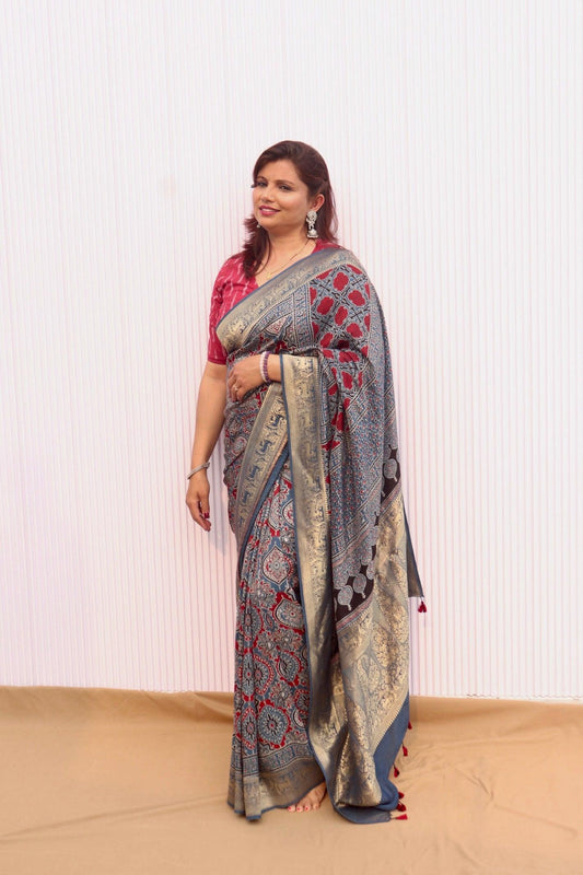 Indigo - Designer Ajrakh Handblock Premium Dola Silk Saree - Vasaka Jaipur