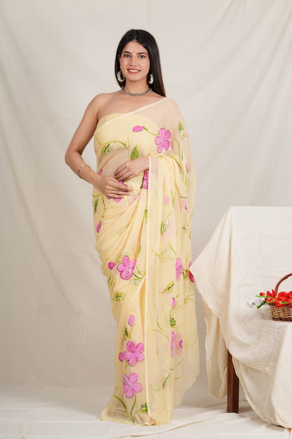 Buttercream- Handpainted Chiffon Saree