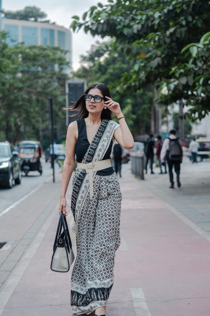 KARUNA - Off White Hand Block Printed Cotton Saree
