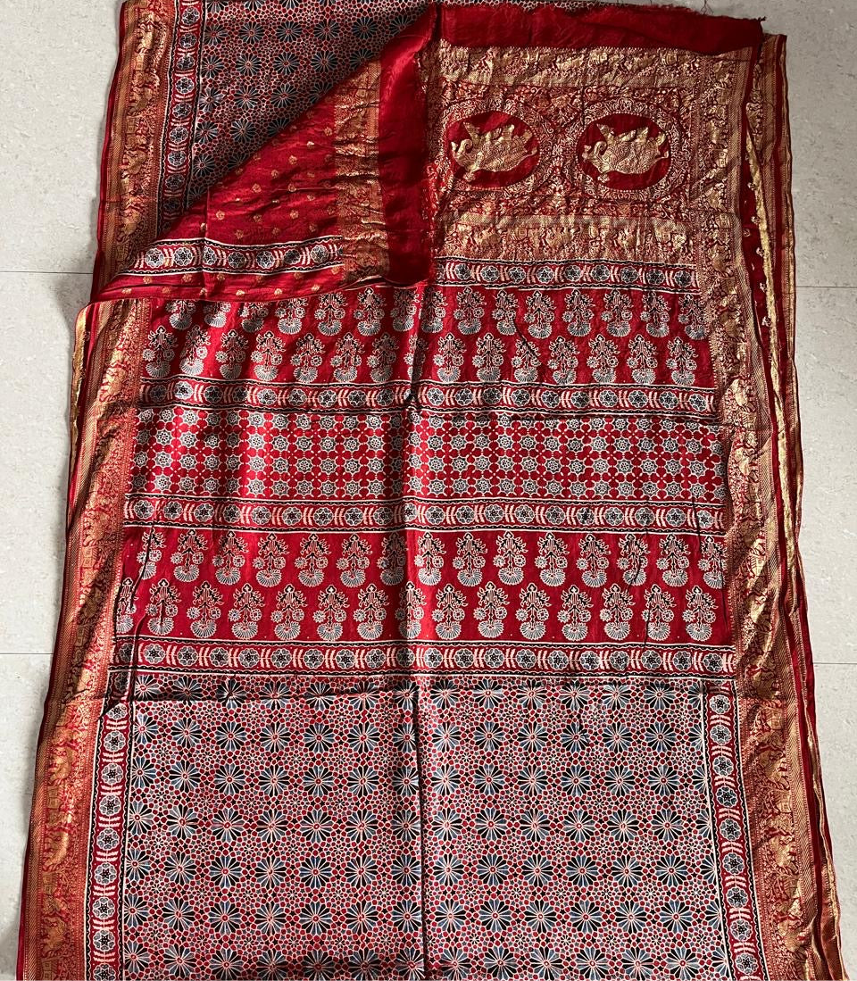 Red - Ajrakh Handblock Dola Silk Saree