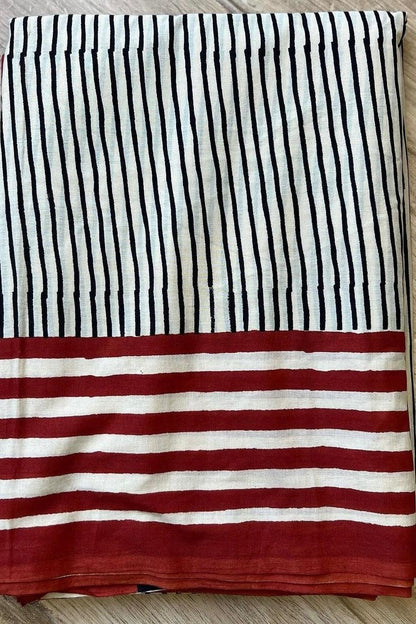 Beige - Striped Hand Block Print Cotton Saree