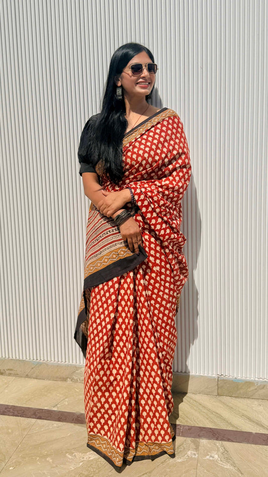 Red Hand Block Printed Cotton Saree