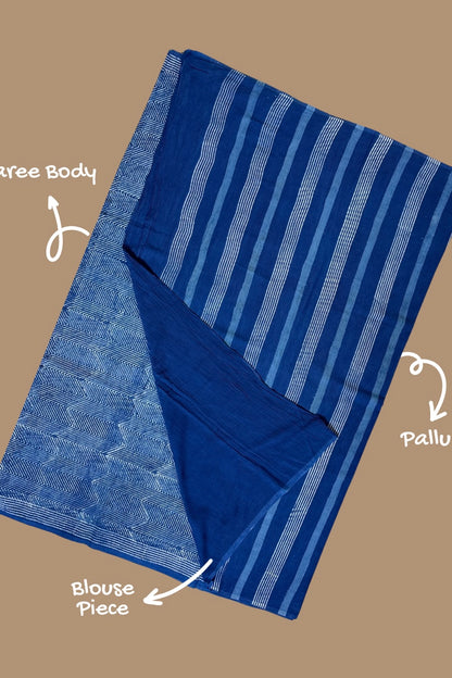 AKOLA INDIGO_ Dabu Hand Block Mulmul Cotton Saree