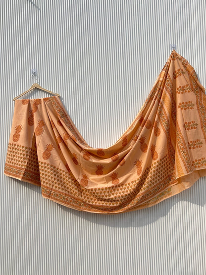 Peach Pineapple Hand Block Printed Cotton Saree