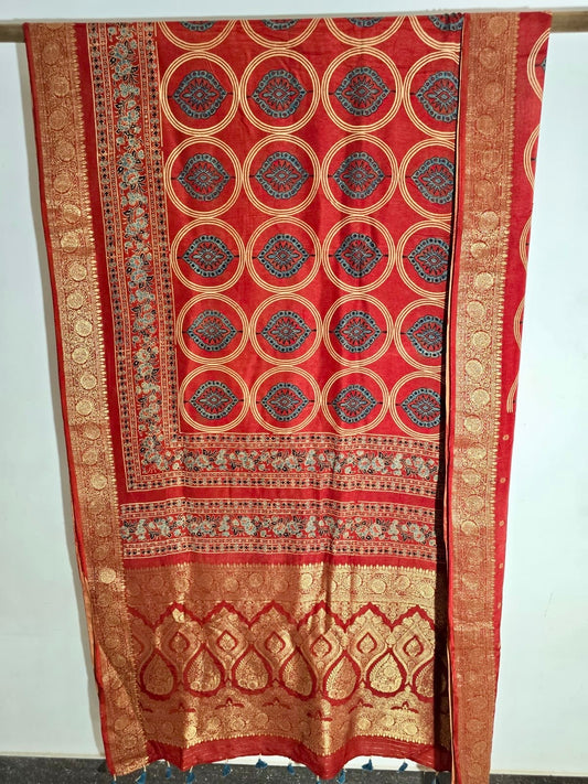 Red - Ajrakh Handblock Dola Silk Saree