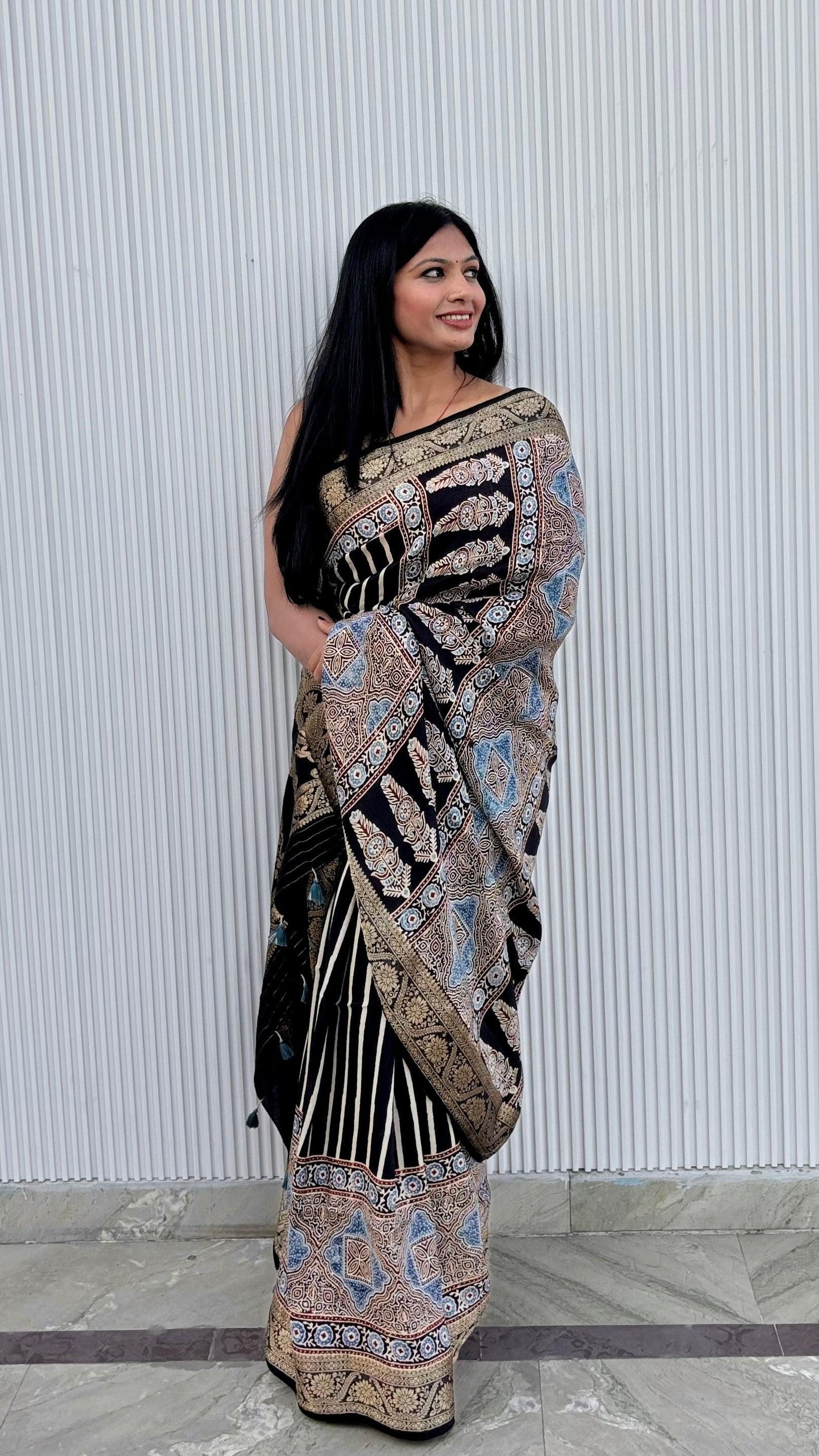 Black - Ajrakh Handblock Dola Silk Saree