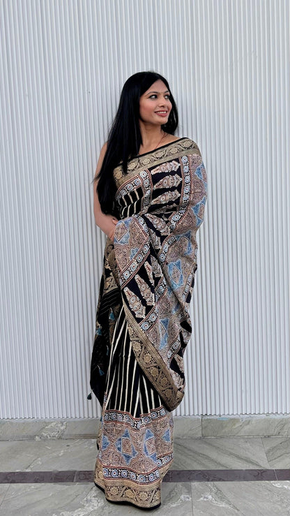 Black - Ajrakh Handblock Dola Silk Saree