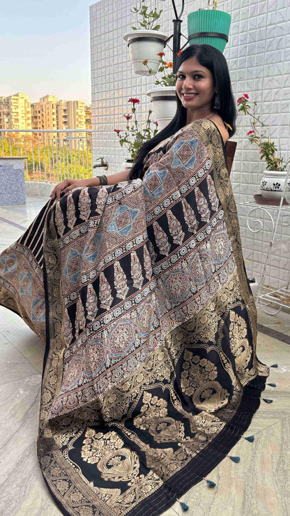 Black - Ajrakh Handblock Dola Silk Saree