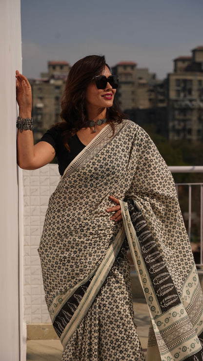 KARUNA - Off White Hand Block Printed Cotton Saree