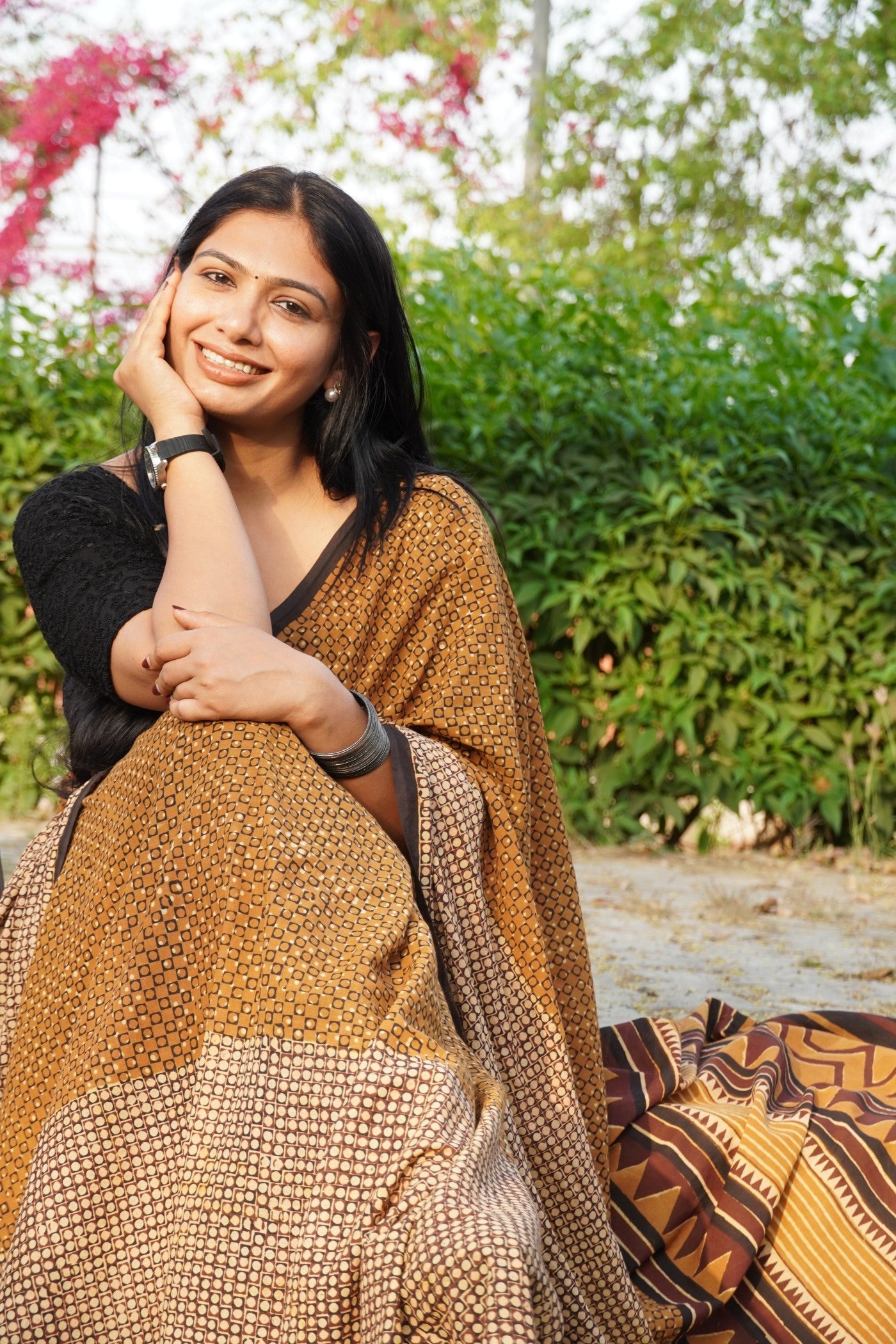 Sanskriti_Mrida Dabu Mustard Cotton Saree