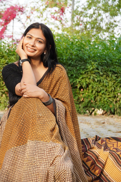 Sanskriti_Mrida Dabu Mustard Cotton Saree