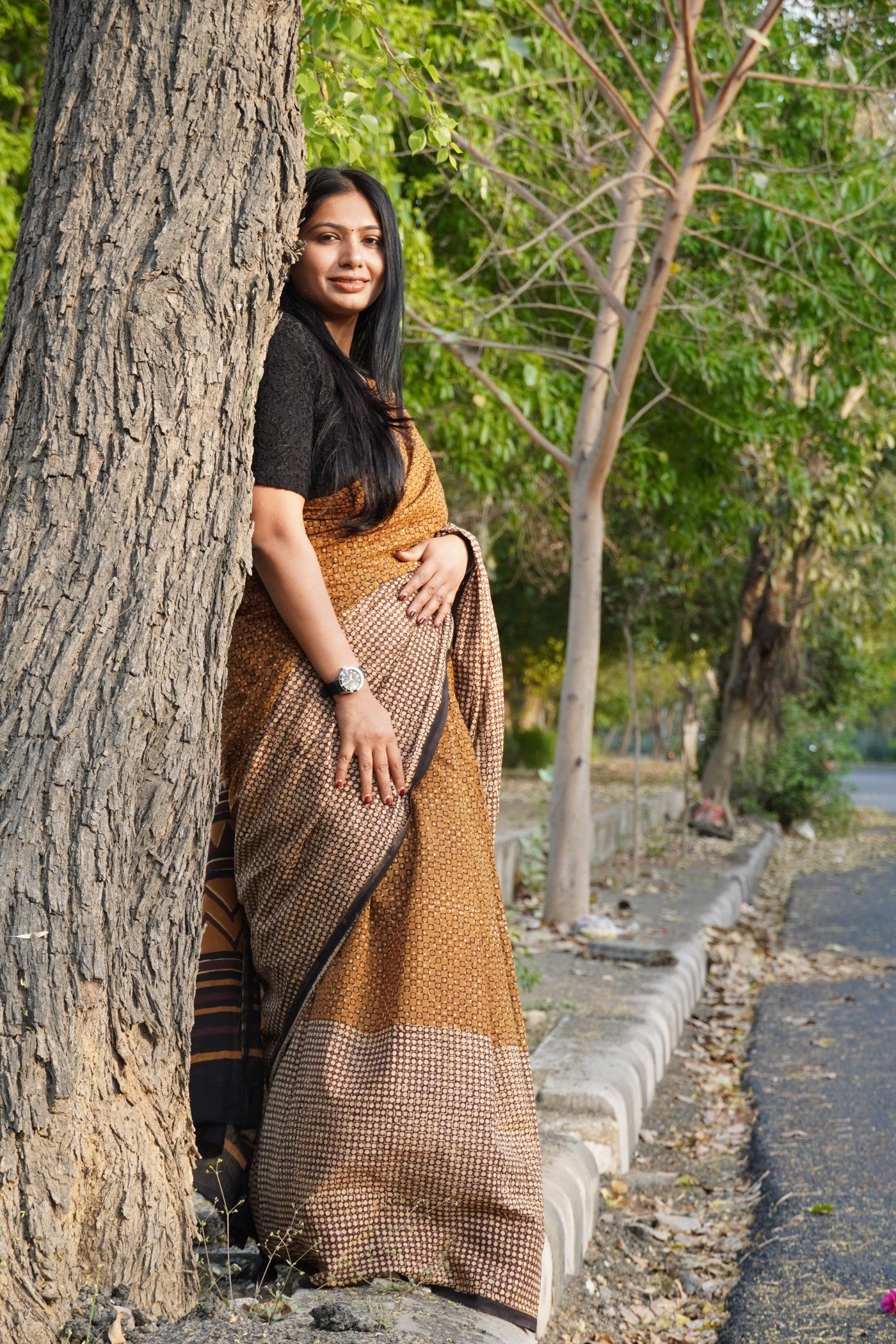 Sanskriti_Mrida Dabu Mustard Cotton Saree