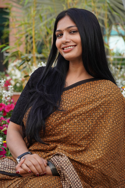 Sanskriti_Mrida Dabu Mustard Cotton Saree