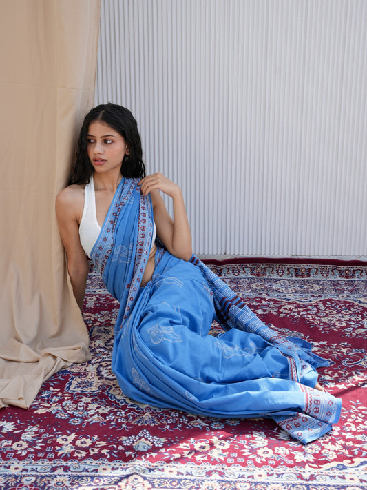 NAVELI_ Blue Hand Block Printed Cotton Saree - Discharge Print