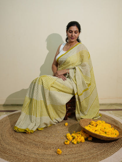 GREESHA_Heritage Hand Block Printed Pure Cotton Striped Saree