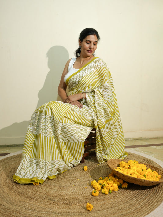 GREESHA_Heritage Hand Block Printed Pure Cotton Striped Saree