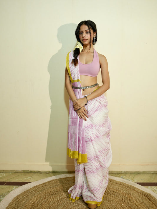 PIHU_Heritage Hand Block Printed Pure Cotton Striped Saree