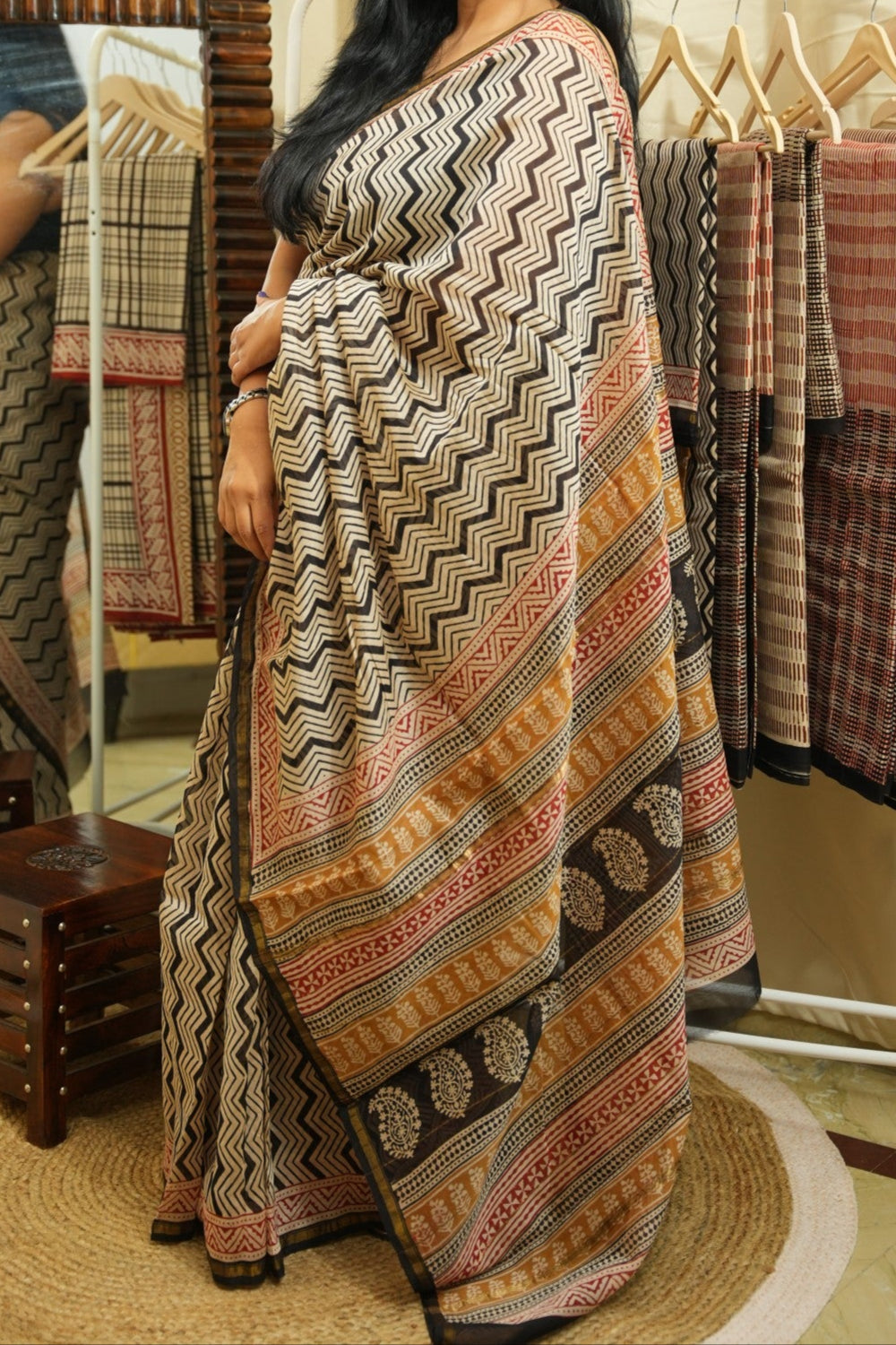 KRITIKA_Zig Zag Stripe Bagru HBP Chanderi Cotton Silk Saree