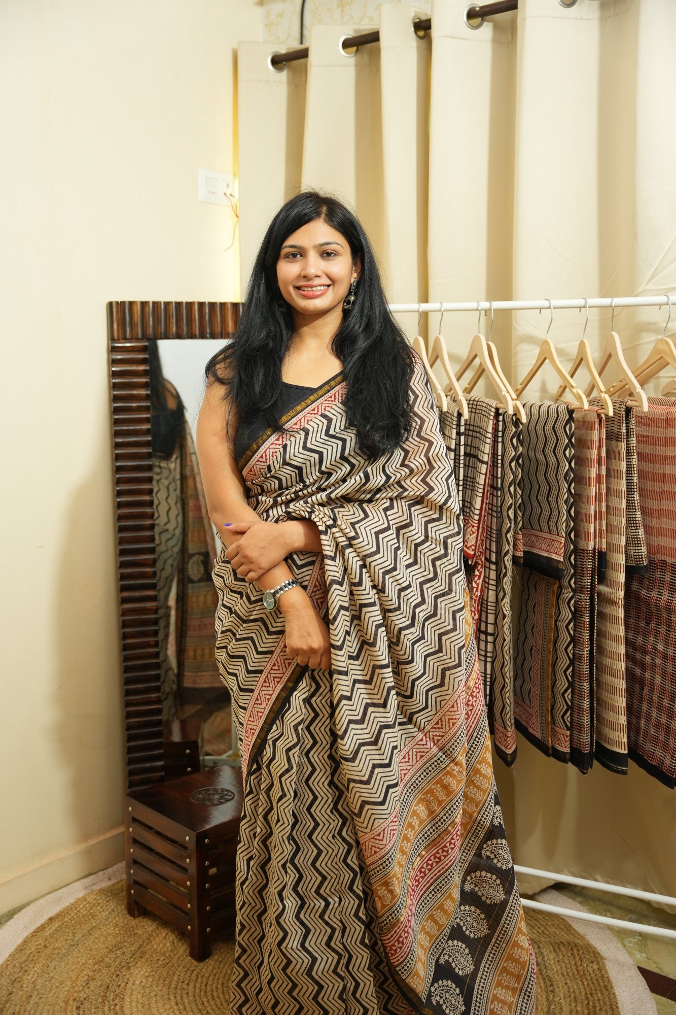 KRITIKA_Zig Zag Stripe Bagru HBP Chanderi Cotton Silk Saree